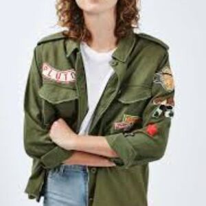 Topshop Olive Green Cotton Patches Button Front Military Jacket Size 4